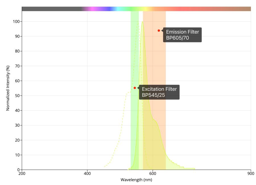 A graph depicting the excitation and emission wavelengths of the Cy3 filter set, with peak intensity markers and filter efficiency data.