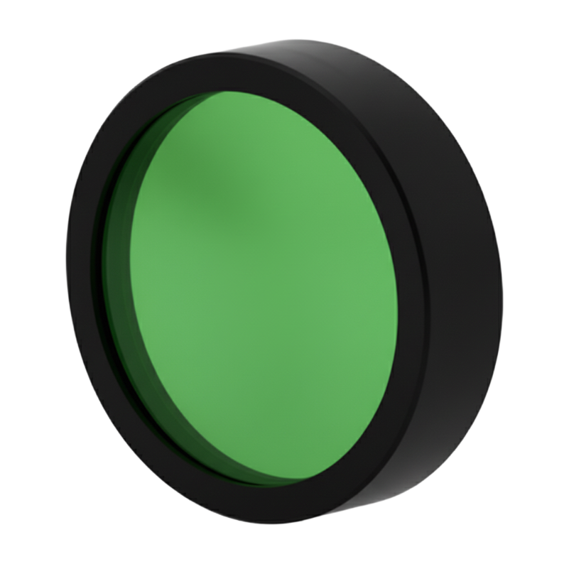 Round green filter with black rim on a white background