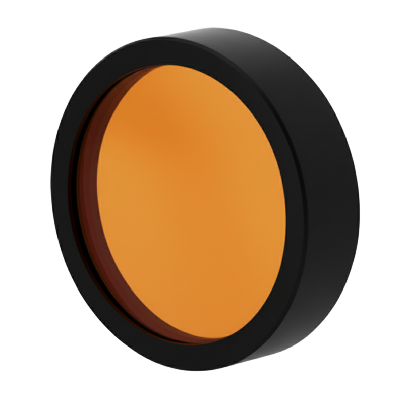 Round orange filter with black rim on a white background