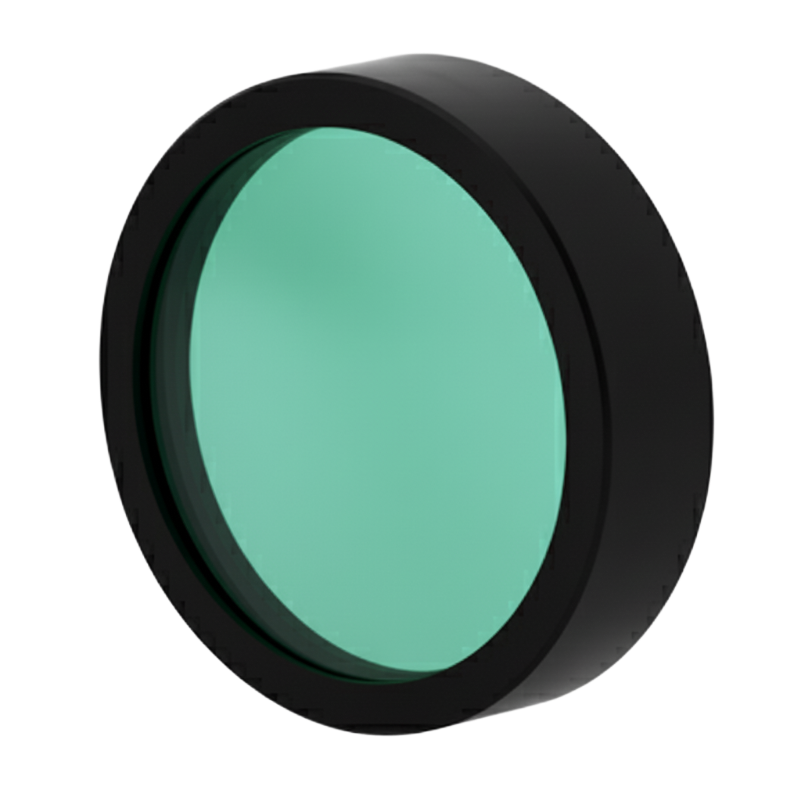 Round green filter with black rim on a white background