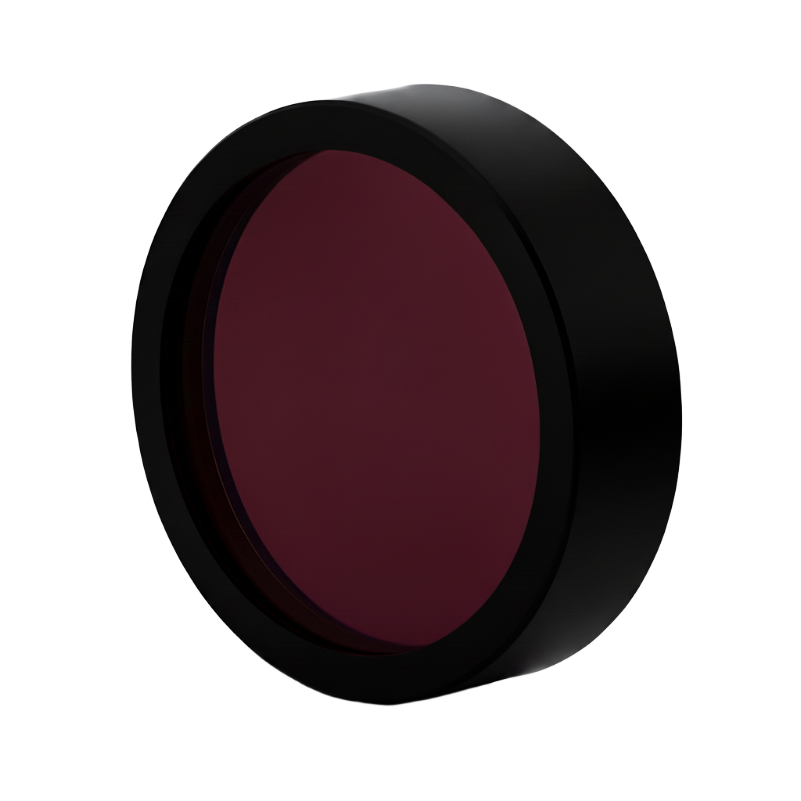 Round dark red filter with black rim on a white background