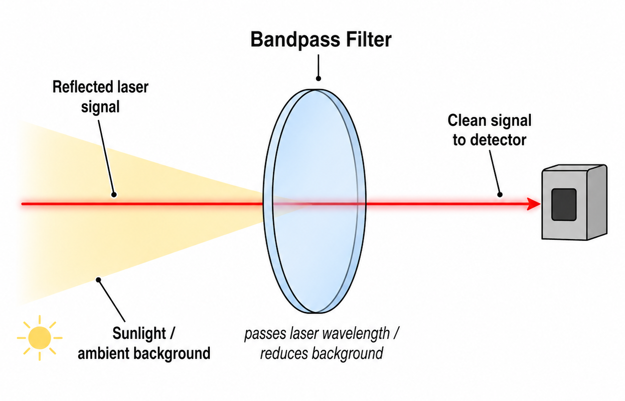 Diagram showing a laser rangefinder receiver using a bandpass filter to pass the reflected laser signal while reducing unwanted sunlight and ambient background before the detector.