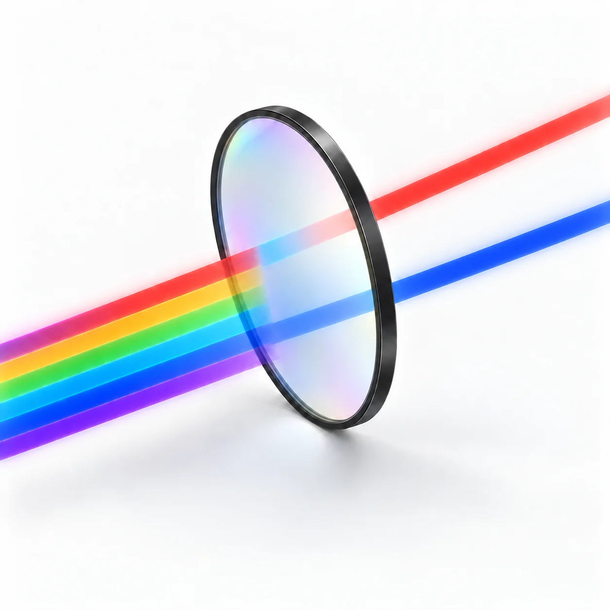 Illustration of a dual-band bandpass filter in a black aluminum mount transmitting blue and red wavelength bands.