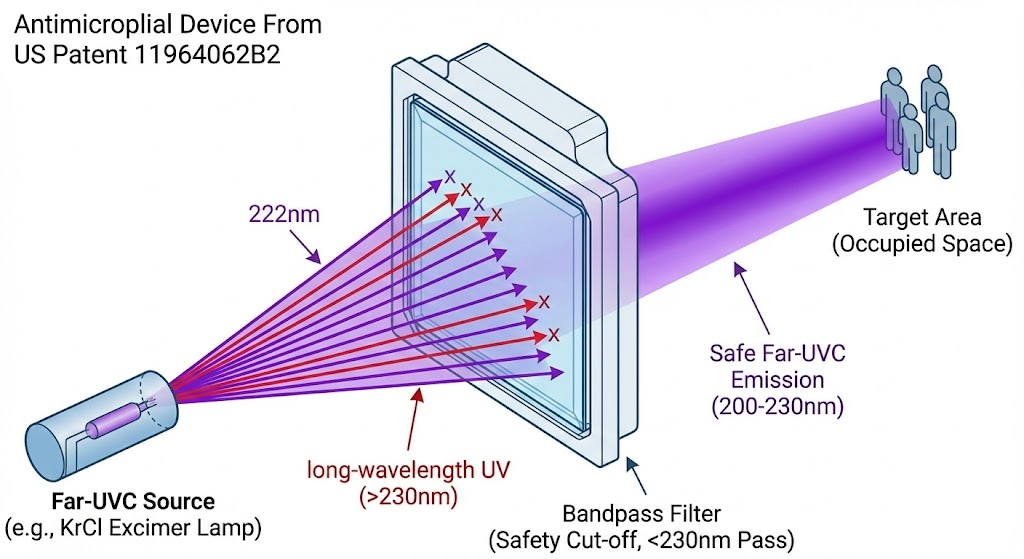 US11964062B2 Antimicrobial device using ultraviolet light Far-UVC