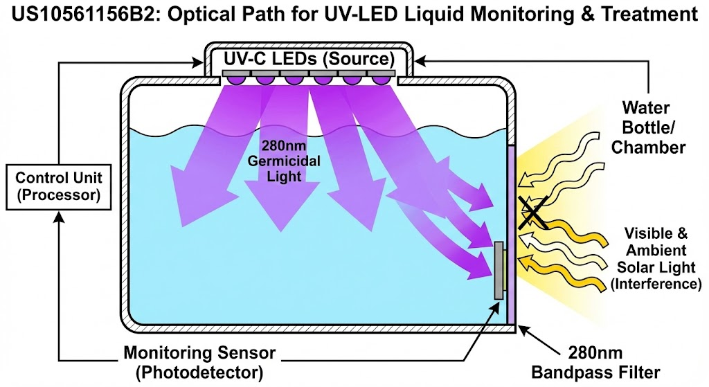 US10561156B2 - Device for UV-LED Liquid Monitoring and Treatment