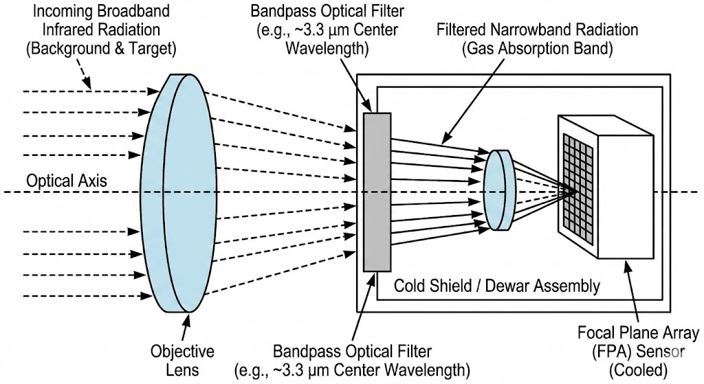 US8653461B1 - Thermography camera tuned to detect absorption of infrared radiation in a selected spectral bandwidth