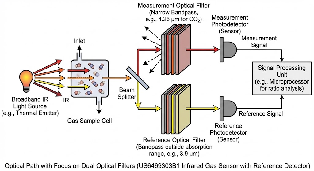 US6469303B1 - Infrared gas sensor with reference detector
