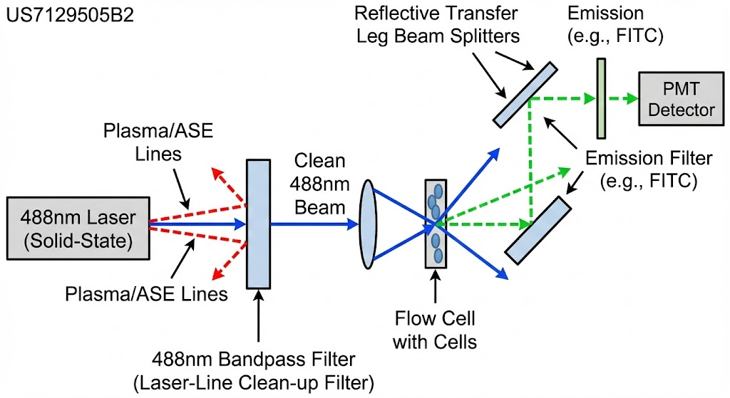 US7129505B2 - Fluorescence detection instrument with reflective transfer leg beam splitters