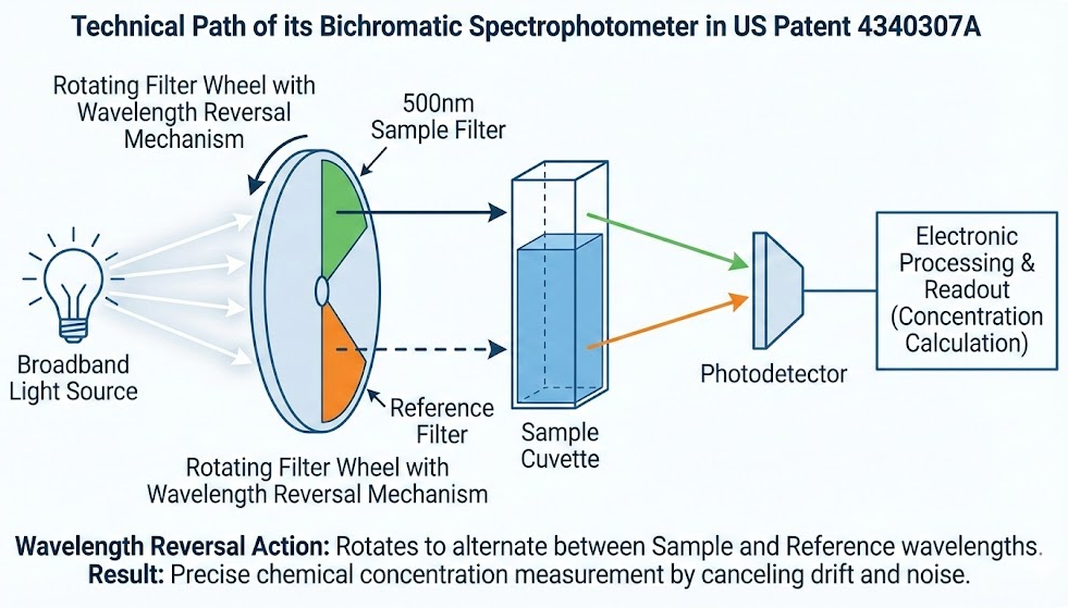 US4340307A - Bichromatic spectrophotometer with wavelength reversal