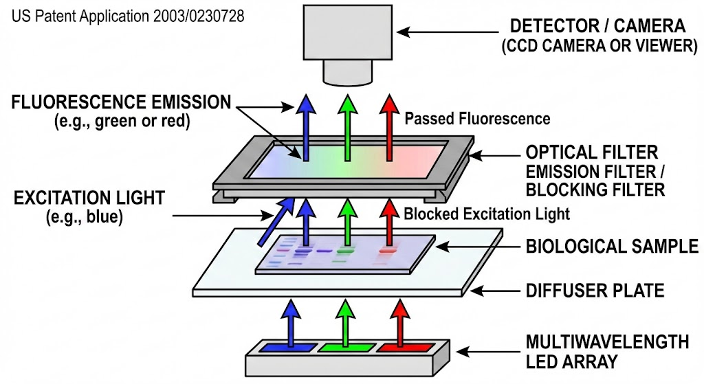 US Patent Application 2003/0230728 - Multiwavelength transilluminator for absorbance and fluorescence detection