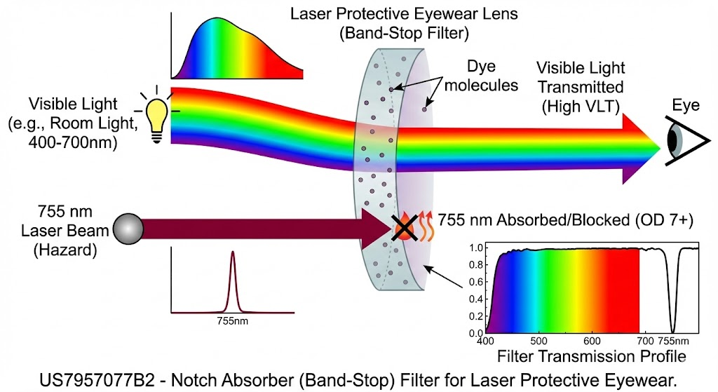 US7957077B2 - Laser protective eyewear having improved glare protection