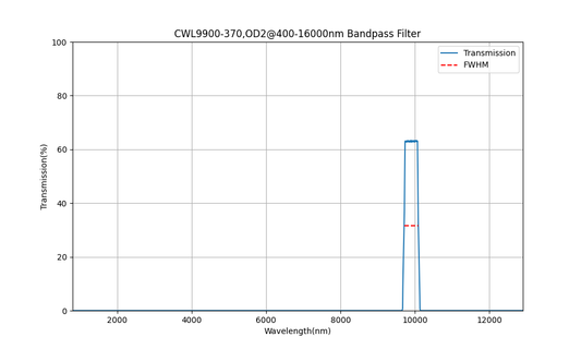 9900nm CWL, OD2@400-16000nm, FWHM=370nm, Bandpass Filter