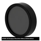 Black bandpass filter with technical specifications on a white background