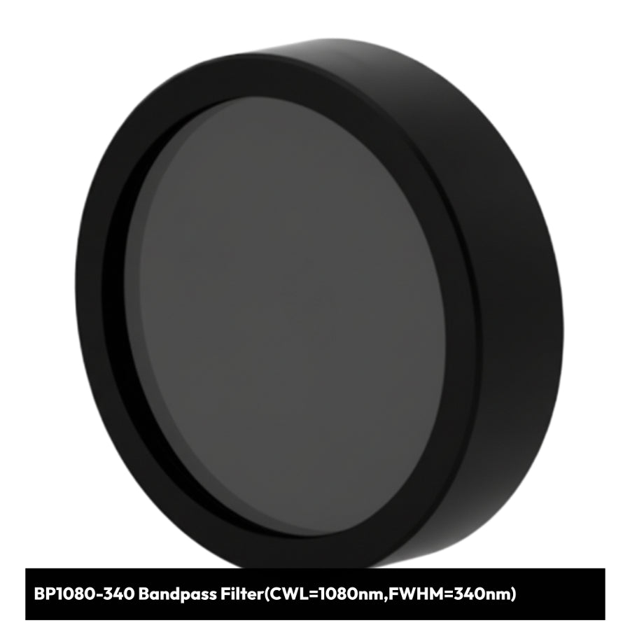 Black bandpass filter with technical specifications on a white background