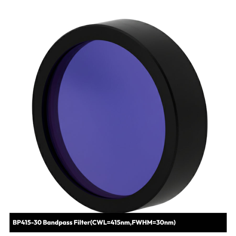 Blue bandpass filter with black rim on a white background