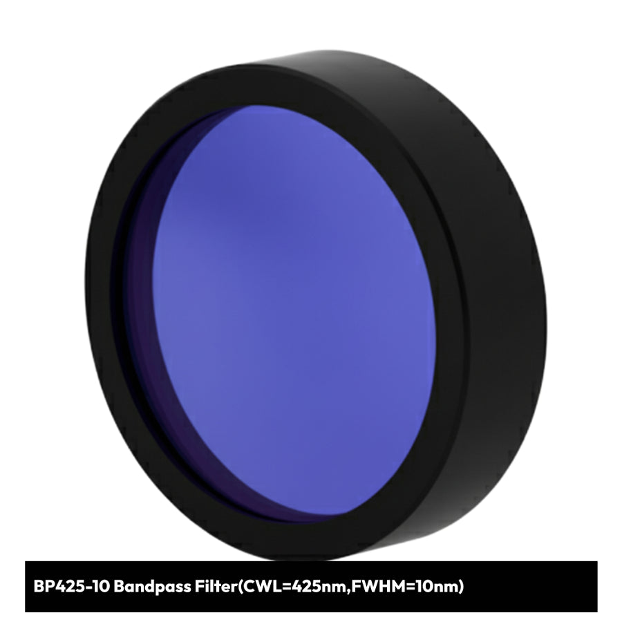 Blue bandpass filter with black rim on a white background