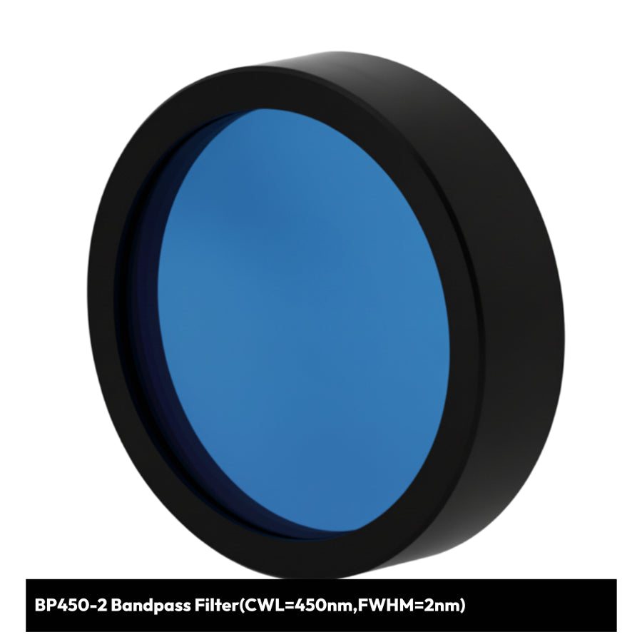 Blue bandpass filter with black rim on a white background