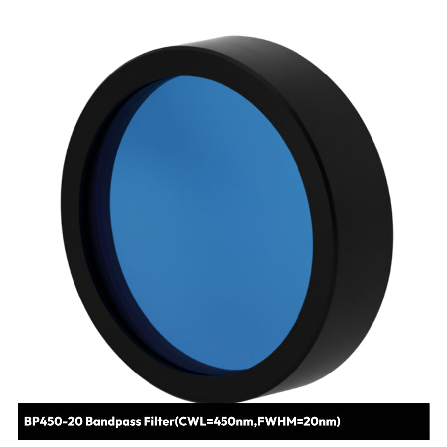 Blue bandpass filter with black rim on a white background