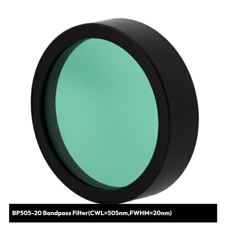 Teal bandpass filter with black rim on a white background