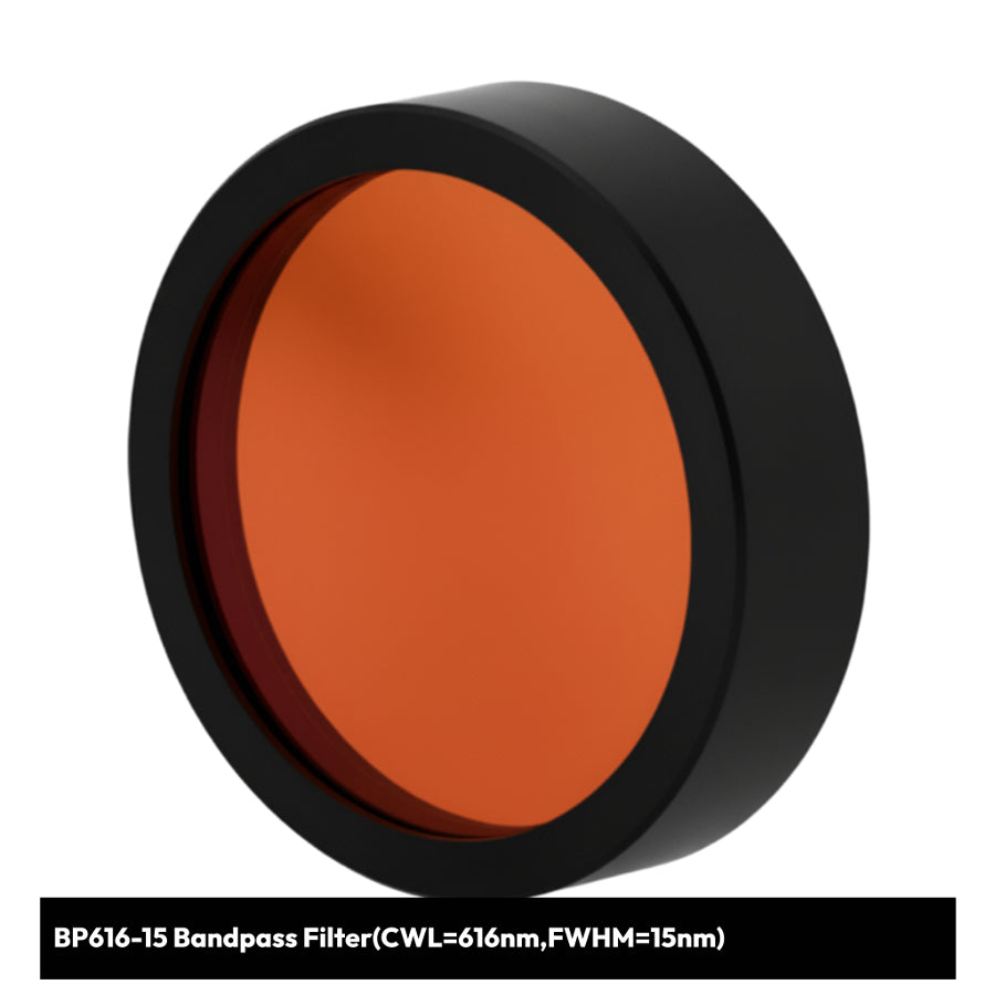 Bandpass filter with black rim and orange center on a white background