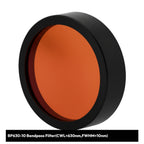 Orange circular filter with black rim on a white background