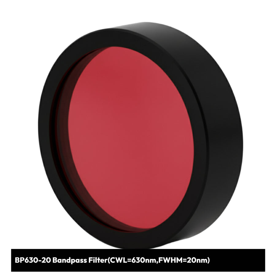 Red bandpass filter with black rim on a white background