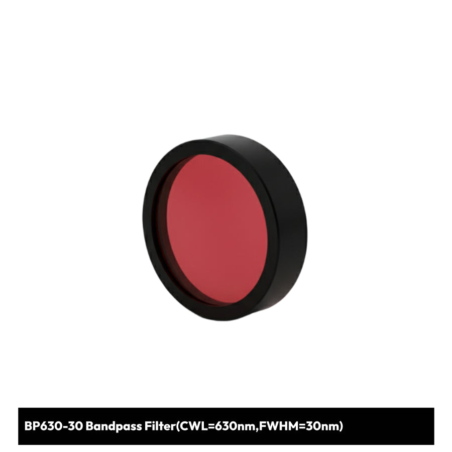 Red bandpass filter with black rim on a white background