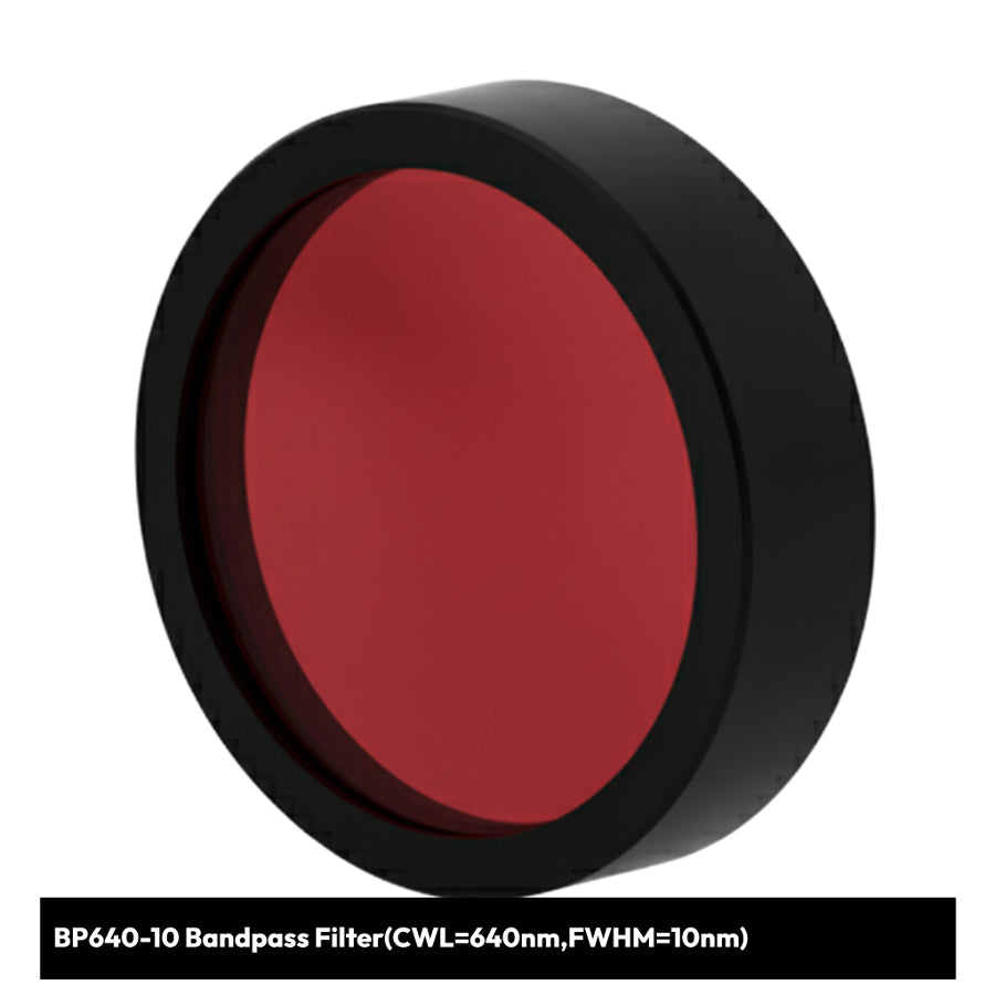 Red bandpass filter with black rim on a white background