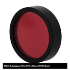 Red bandpass filter with black rim on a white background