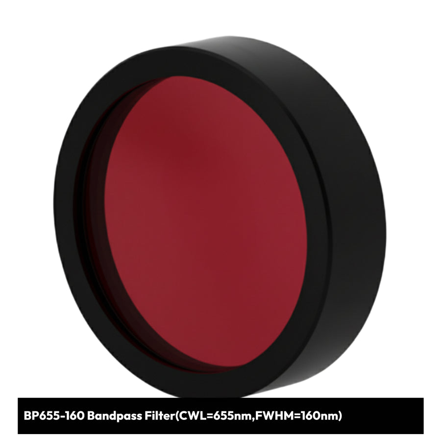 Red bandpass filter with black rim on a white background