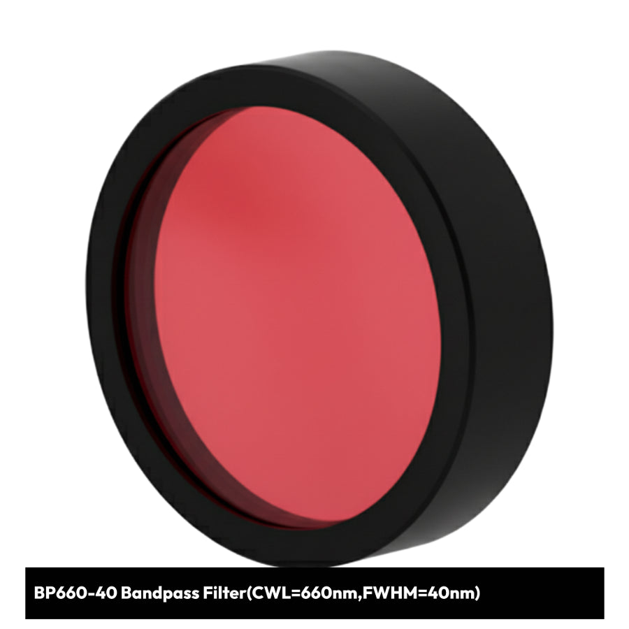 Red bandpass filter with black frame on a white background