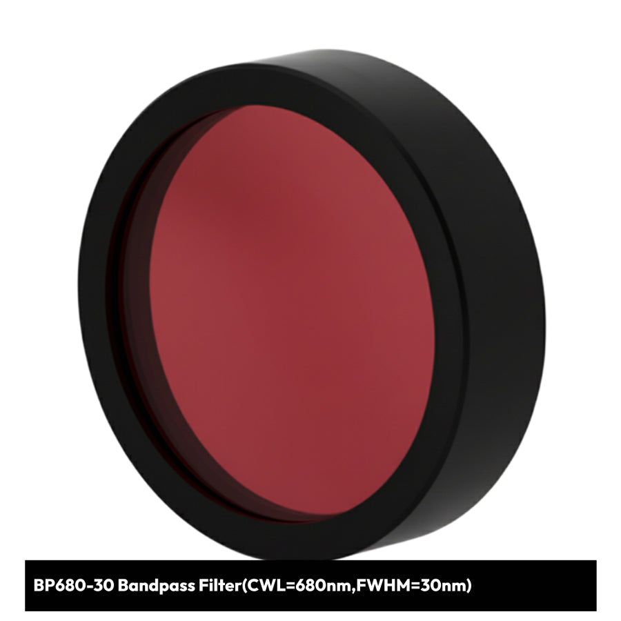 Red bandpass filter with black rim on a white background