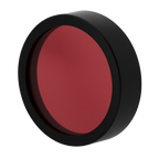 Round red object with black rim on a white background