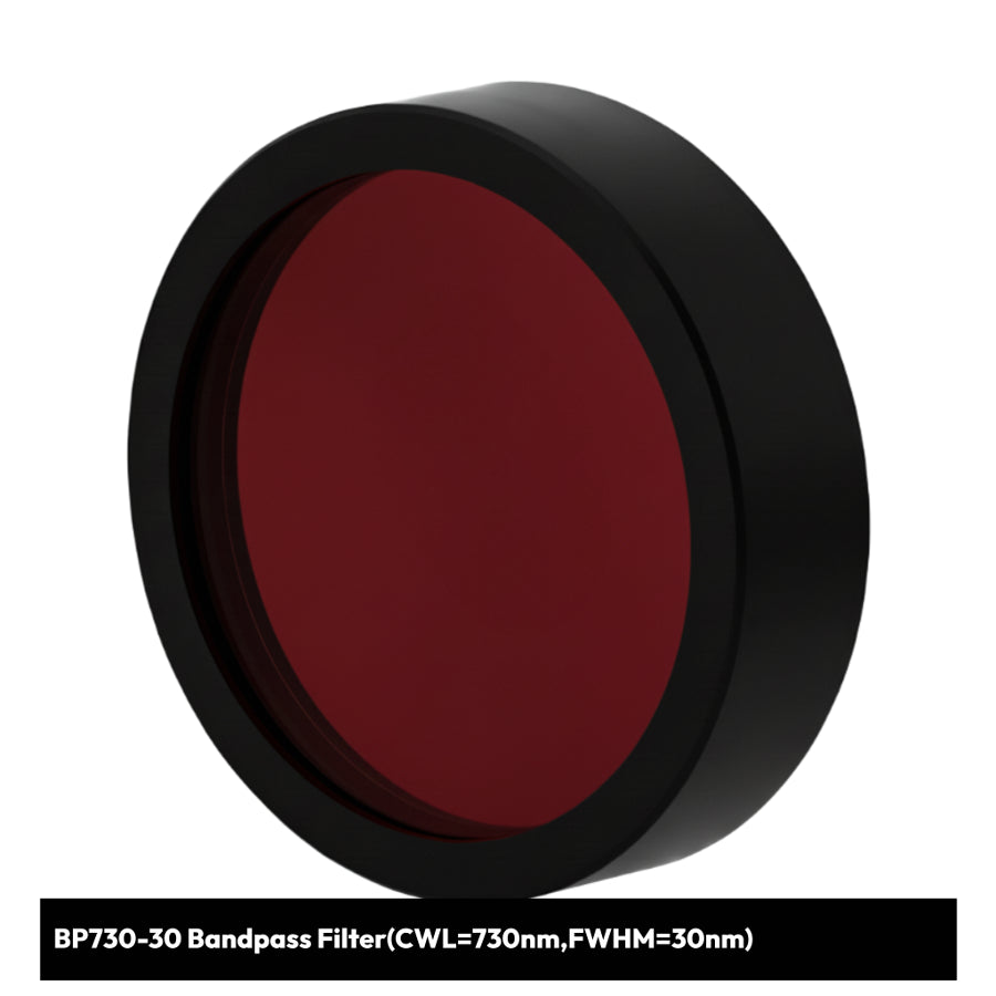 Red bandpass filter with black rim on a white background