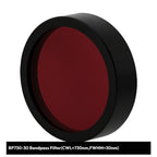 Red bandpass filter with black rim on a white background