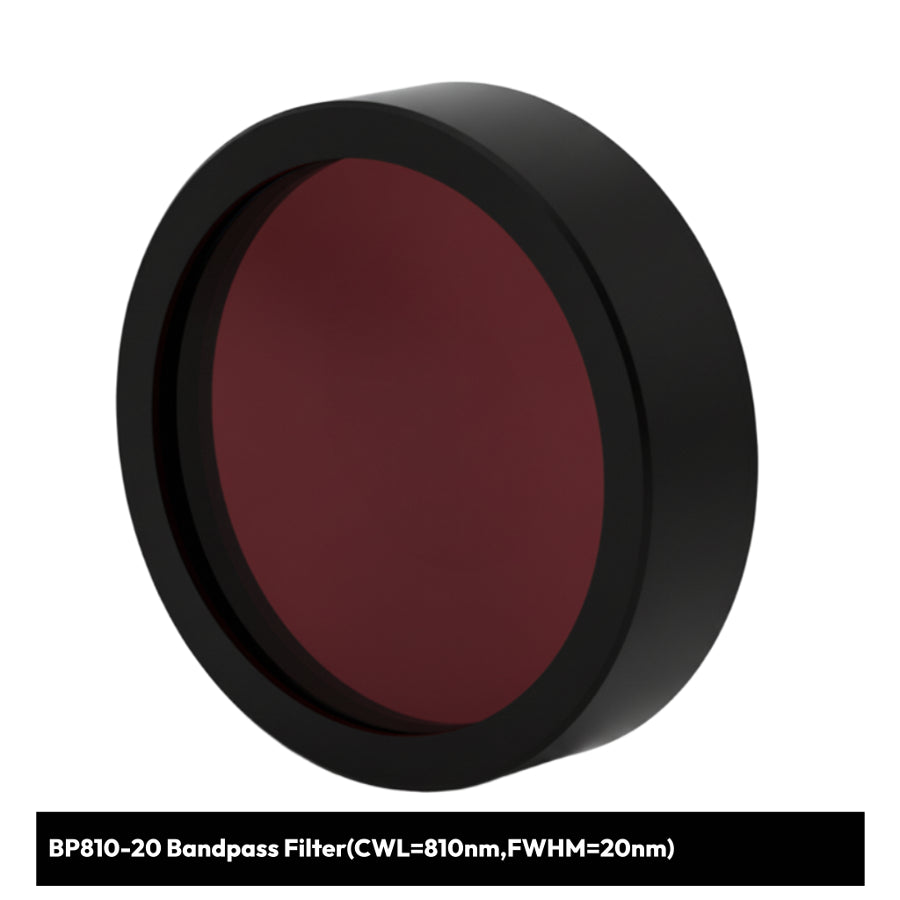 Red bandpass filter with black rim on a white background