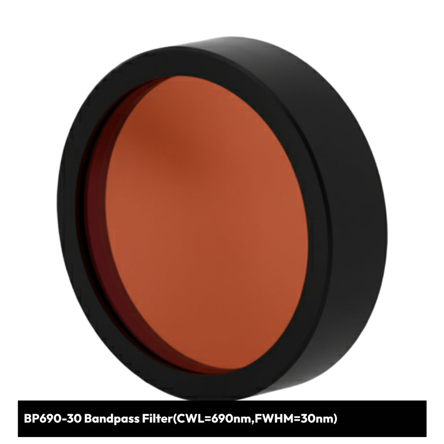 Bandpass filter with black rim and red-orange center on a white background