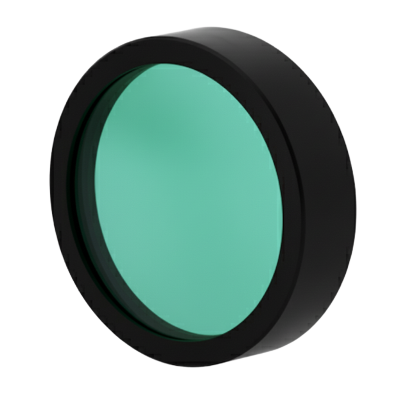 Round green filter with black rim on a white background