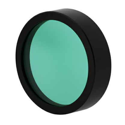 Round green filter with black rim on a white background