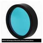 Teal bandpass filter with black rim on a white background