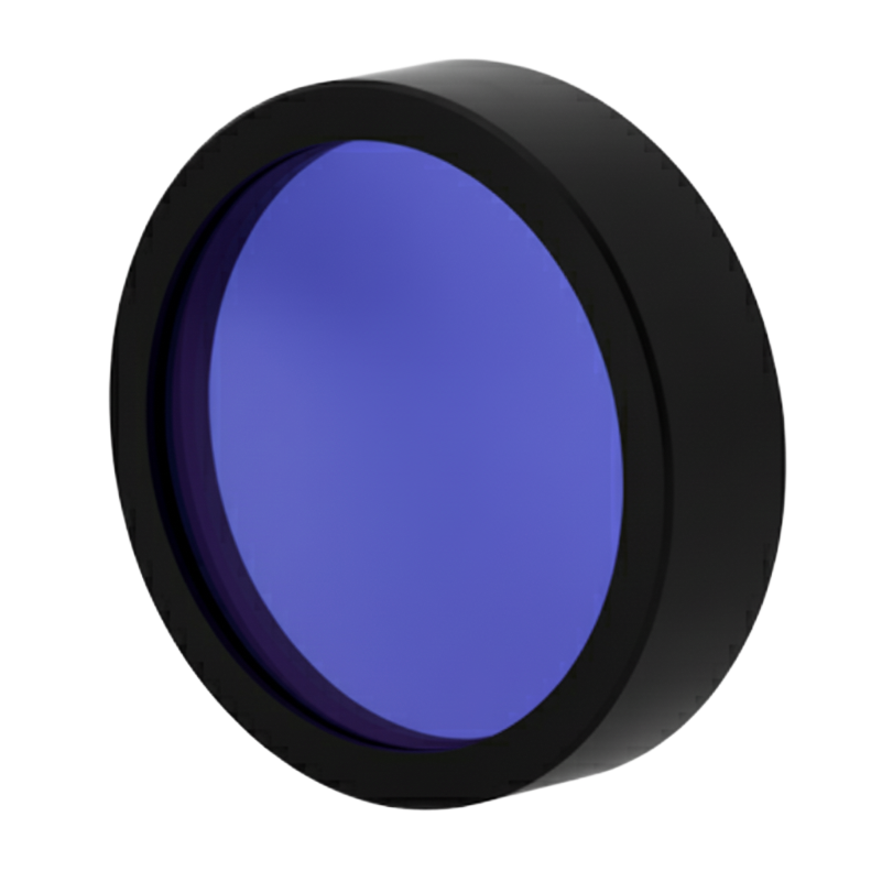Round blue filter with black rim on a white background