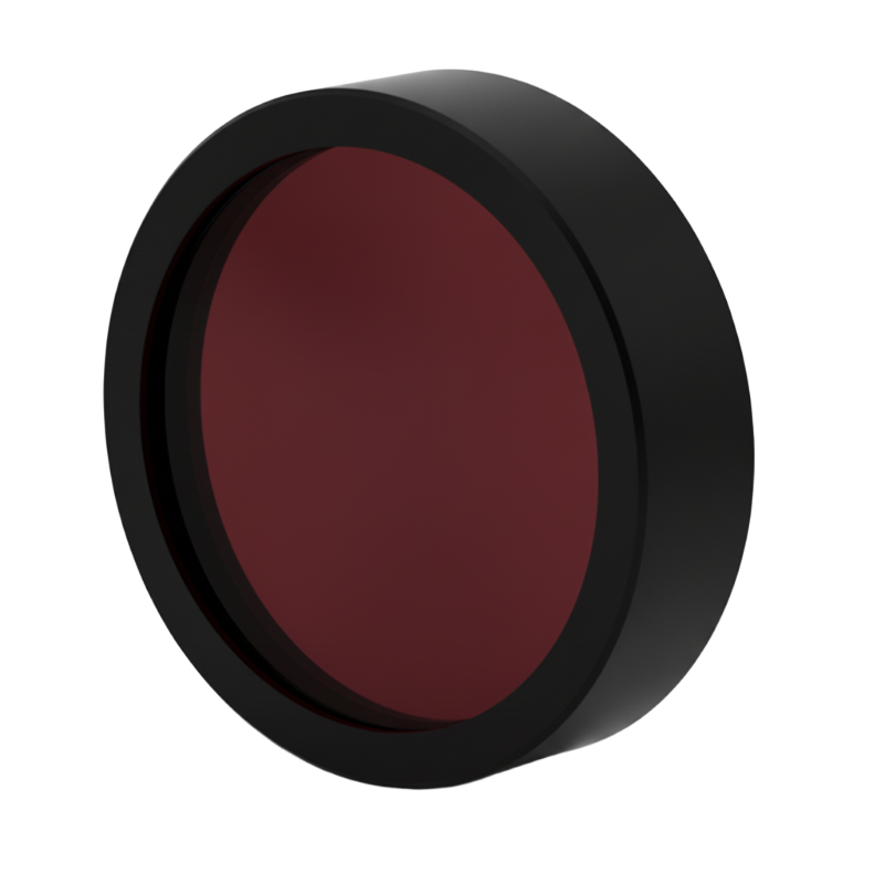 Round red filter with black rim on a white background