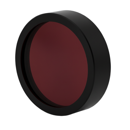 Round red filter with black rim on a white background