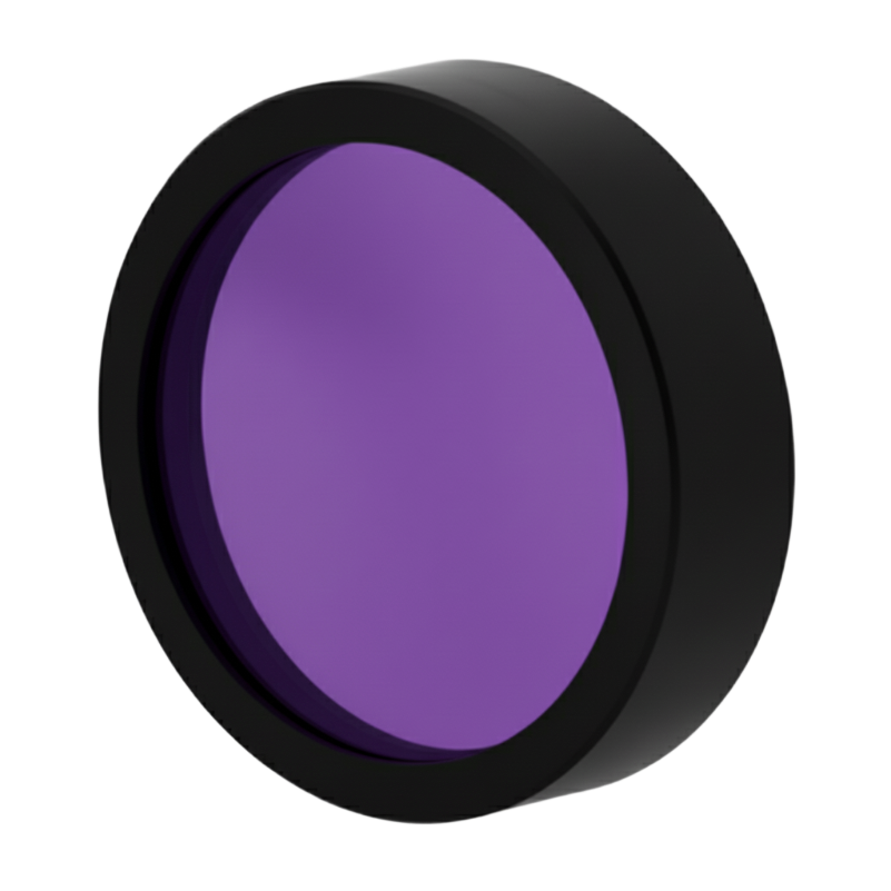 Round purple filter with black rim on a white background