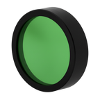 Round green filter with black rim on a white background