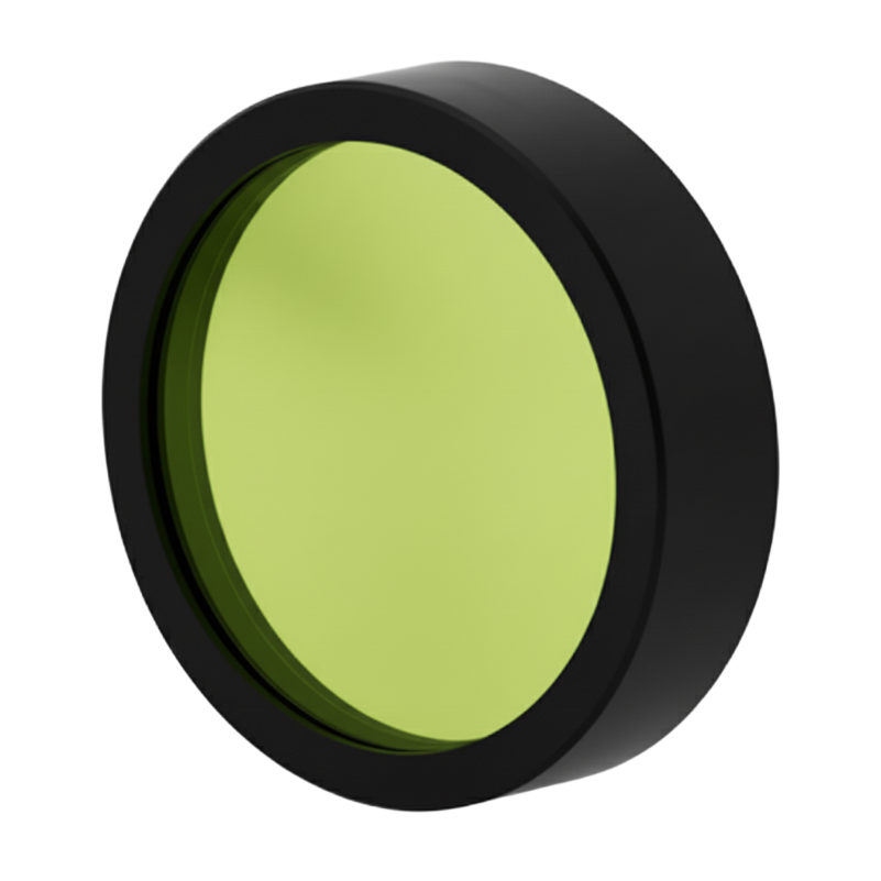 Round green filter with black rim on a white background