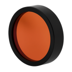 Round orange object with black rim on a white background