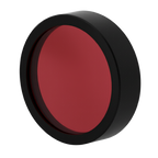 Round red filter with black rim on a white background