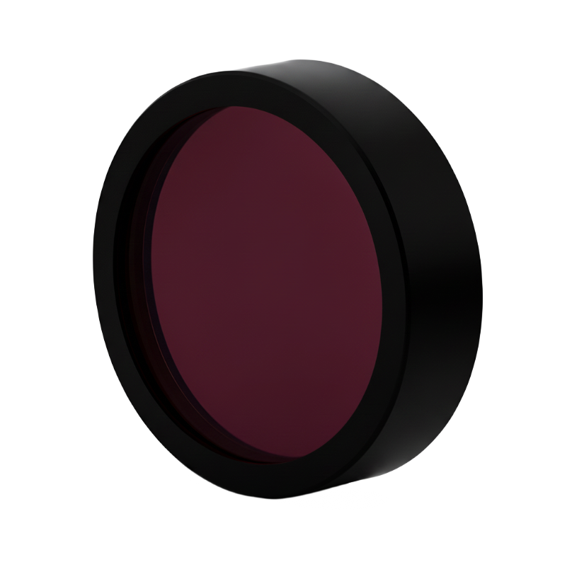 Round dark red filter with black rim on a white background