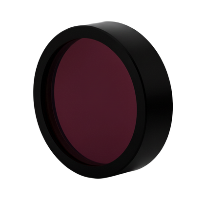 Round dark red filter with black rim on a white background